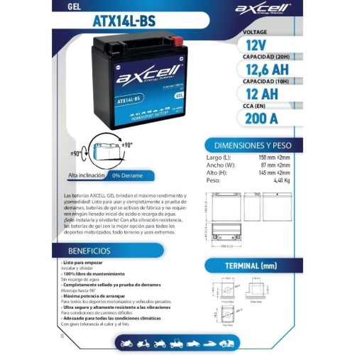 Batería moto Axcell GEL ATX14L-BS