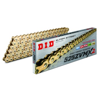 cadena did 525 zvm x2 con 120 pasos color oro y remache 28841209z