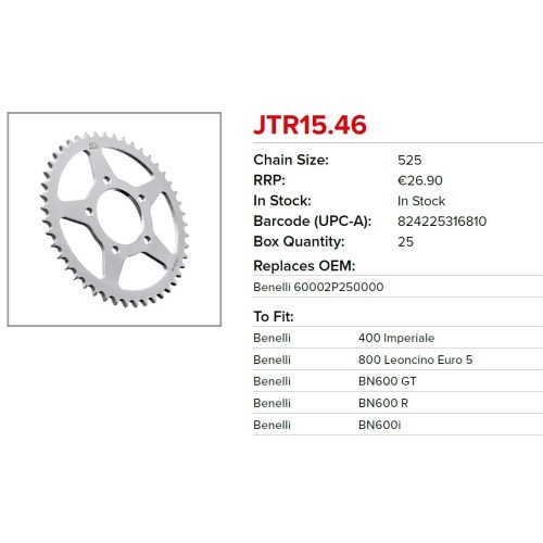 Kit de transmisión Benelli Leoncino 800 JT Sprockets 16/46 con cadena Regina ZRA 525 112 pasos