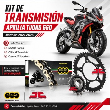 Kit de transmisión Aprilia Tuono 660 2021-2026 JT Sprockets 17/43 con cadena Regina