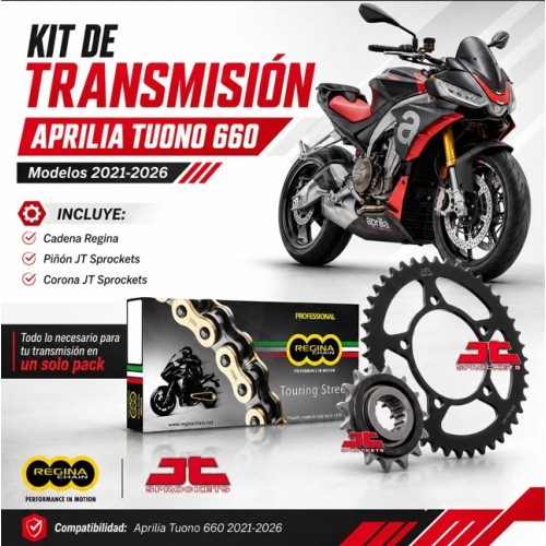 Kit de transmisión Aprilia Tuono 660 2021-2026 JT Sprockets 17/43 con cadena Regina