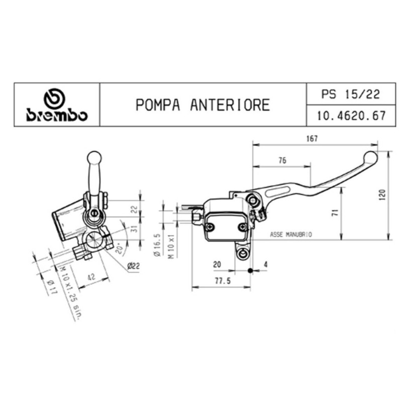 bomba de freno delantero brembo ps 13 10462095 con deposito y maneta fija para moto