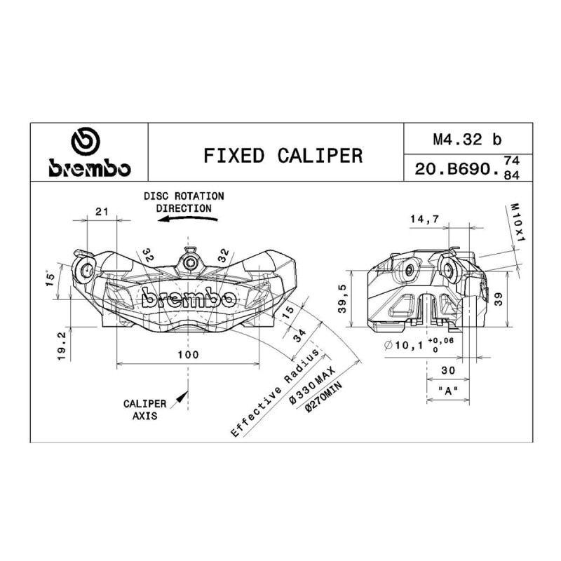pinza freno delantera izquierda radial 100mm brembo m432b titanio 20b69074