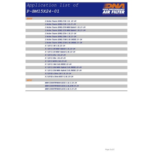 filtro de aire alto flujo dna p bm15x24 01 bmw x1 u11 22 24