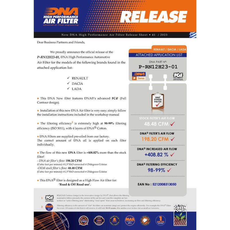filtro de aire alto flujo dna filters p rn12h23 01 renault