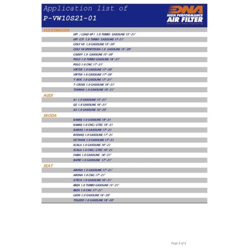 filtro de aire dna seat arona series 17 21 p vw10s21 01
