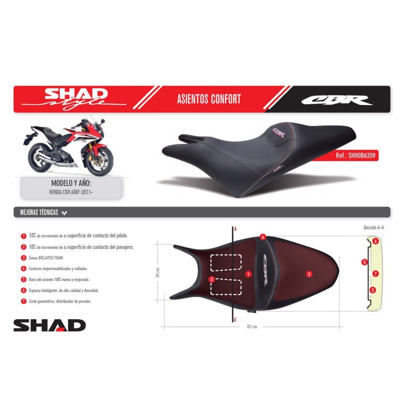 asiento confort shad para moto honda cbr 600f 2011 2012 shh0b6201